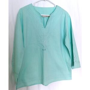 Jane Ashley Pullover Linen/Cotton Top Sz XL Green Embroidered Pearls Beachy 0207